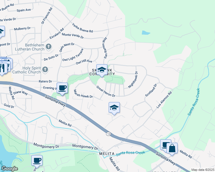 map of restaurants, bars, coffee shops, grocery stores, and more near 1388 Snowy Egret Drive in Santa Rosa
