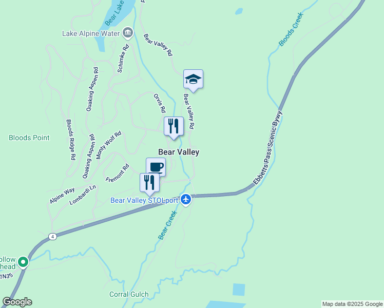 map of restaurants, bars, coffee shops, grocery stores, and more near 200-304 Creekside Dr in Bear Valley
