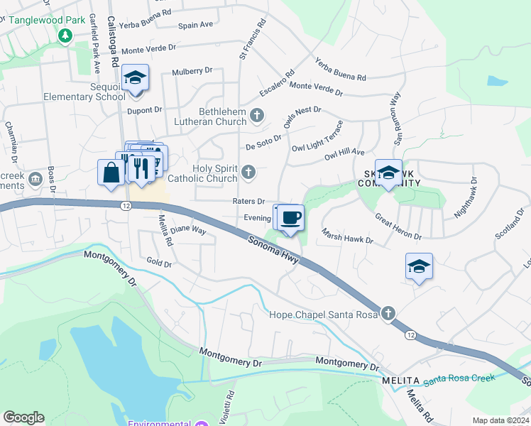 map of restaurants, bars, coffee shops, grocery stores, and more near 5717 Evening Way in Santa Rosa