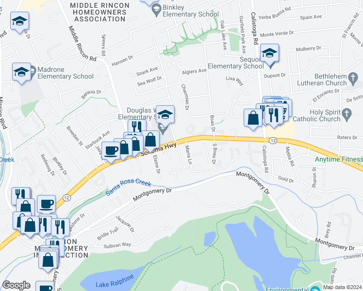 map of restaurants, bars, coffee shops, grocery stores, and more near 202 Indian Creek Drive in Santa Rosa