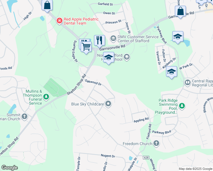 map of restaurants, bars, coffee shops, grocery stores, and more near 123 Oakwood Drive in Stafford