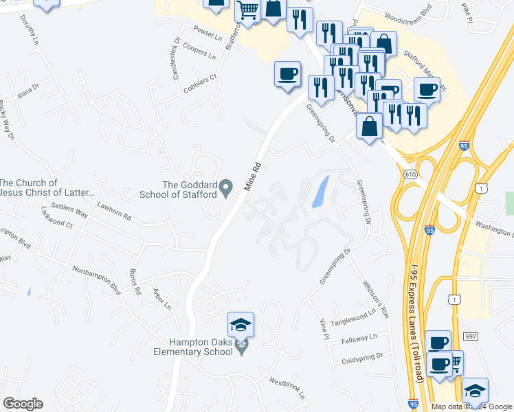 map of restaurants, bars, coffee shops, grocery stores, and more near 102 Aston Court in Stafford