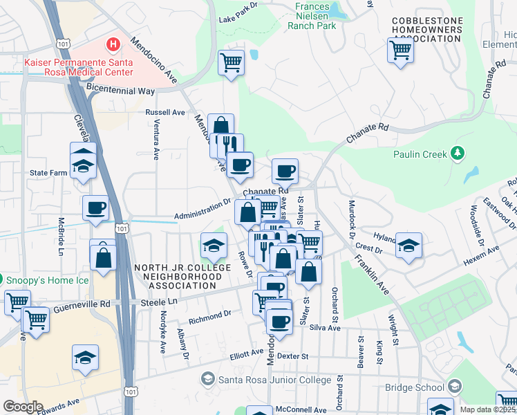 map of restaurants, bars, coffee shops, grocery stores, and more near 2252 Chanate Road in Santa Rosa