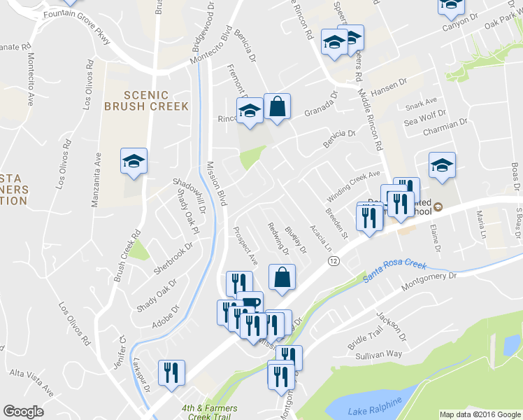 map of restaurants, bars, coffee shops, grocery stores, and more near 27 Redwing Drive in Santa Rosa
