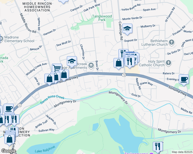 map of restaurants, bars, coffee shops, grocery stores, and more near 5090 California 12 in Santa Rosa