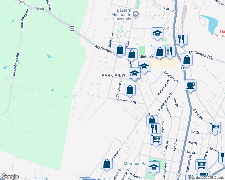 map of restaurants, bars, coffee shops, grocery stores, and more near 948 College Avenue in Harrisonburg