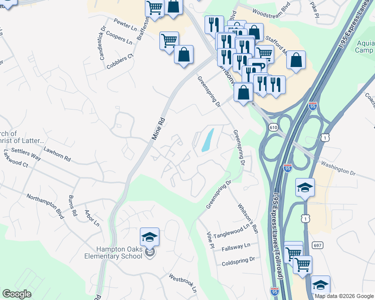 map of restaurants, bars, coffee shops, grocery stores, and more near 507 Tolbelt Court in Stafford
