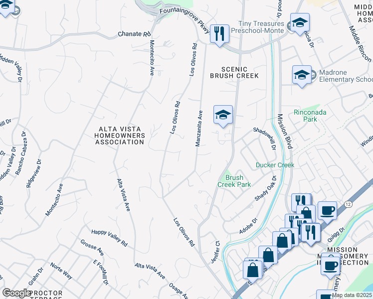 map of restaurants, bars, coffee shops, grocery stores, and more near 1565 Briarfield Place in Santa Rosa