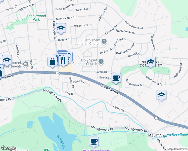 map of restaurants, bars, coffee shops, grocery stores, and more near 5685 Evening Way in Santa Rosa