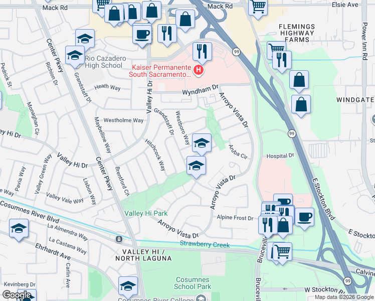 map of restaurants, bars, coffee shops, grocery stores, and more near 6889 Cherrywood Circle in Sacramento