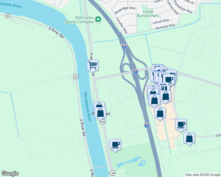 map of restaurants, bars, coffee shops, grocery stores, and more near 8001 Freeport Boulevard in Sacramento