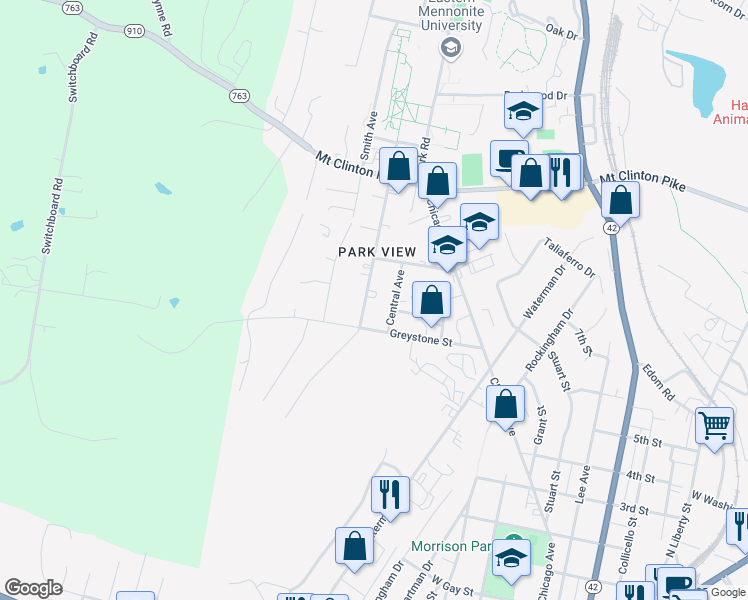 map of restaurants, bars, coffee shops, grocery stores, and more near 948 College Avenue in Harrisonburg