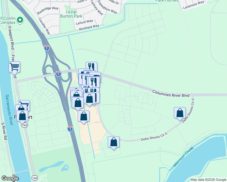 map of restaurants, bars, coffee shops, grocery stores, and more near Cosumnes River Boulevard Extension in Sacramento