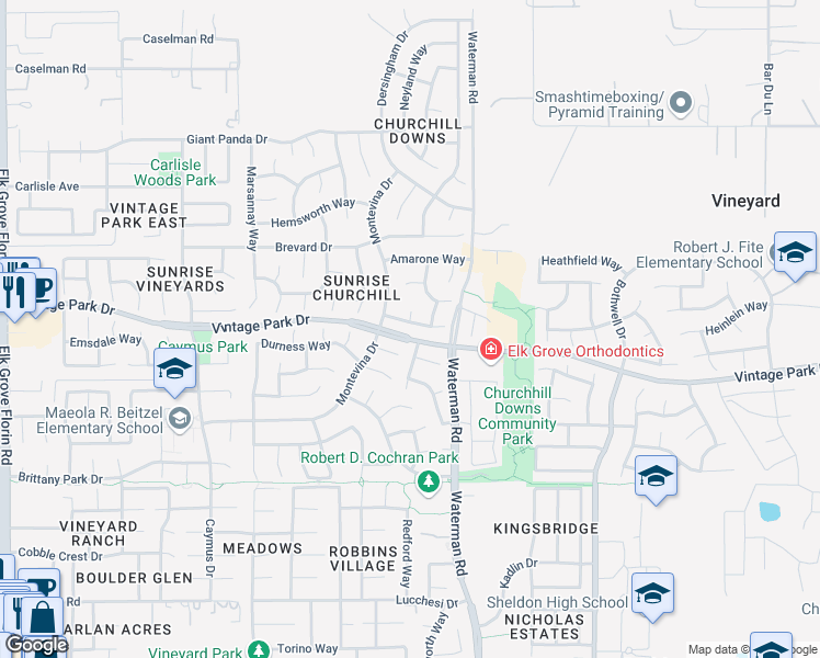 map of restaurants, bars, coffee shops, grocery stores, and more near 9250 Santenay Way in Sacramento