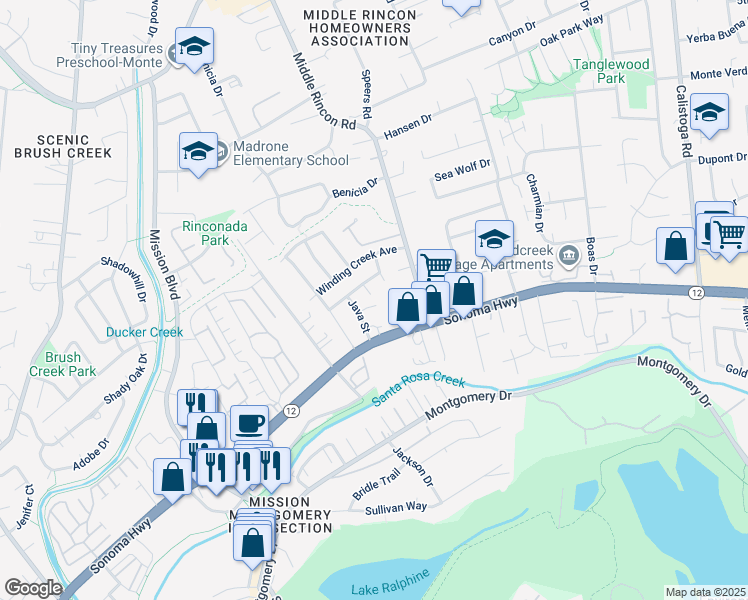 map of restaurants, bars, coffee shops, grocery stores, and more near 4716 Venti Lane in Santa Rosa