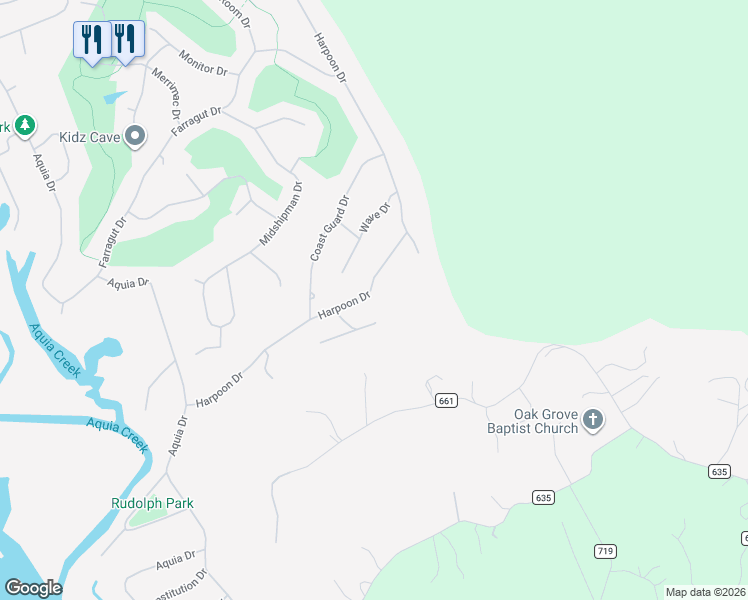 map of restaurants, bars, coffee shops, grocery stores, and more near 2424 Harpoon Drive in Stafford