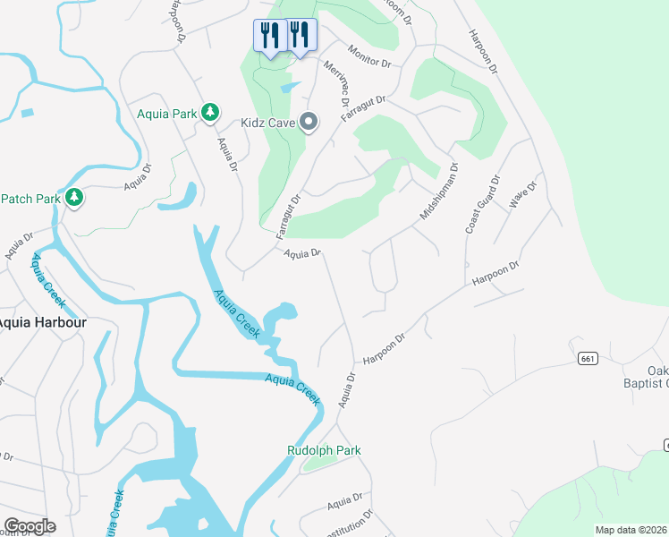 map of restaurants, bars, coffee shops, grocery stores, and more near 2220 Aquia Drive in Stafford