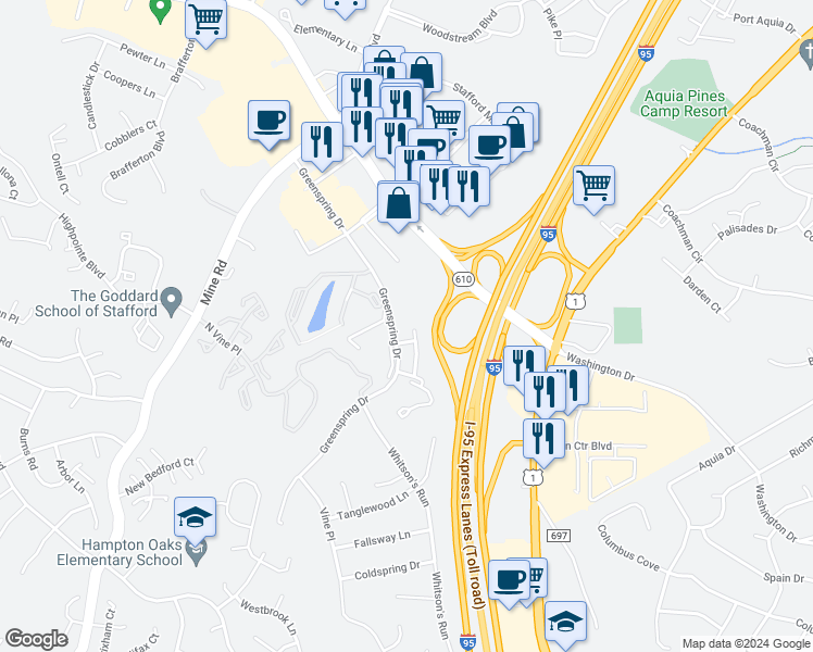 map of restaurants, bars, coffee shops, grocery stores, and more near 403 Crossridge Court in Stafford