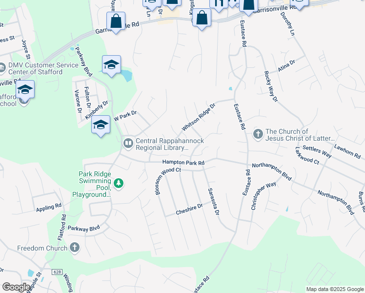 map of restaurants, bars, coffee shops, grocery stores, and more near 5 Idylwood Place in Stafford