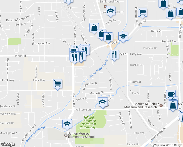 map of restaurants, bars, coffee shops, grocery stores, and more near 2912 Bay Village Circle in Santa Rosa