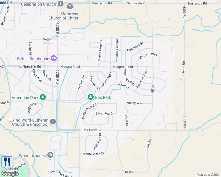 map of restaurants, bars, coffee shops, grocery stores, and more near 2128 Mead Lane in Montrose