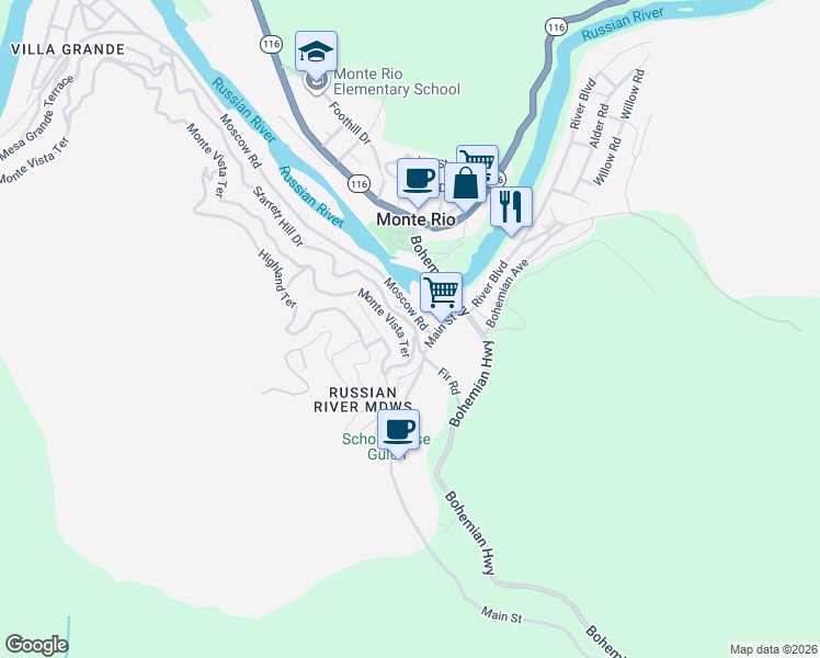 map of restaurants, bars, coffee shops, grocery stores, and more near 21476 Rio Vista Terrace in Monte Rio