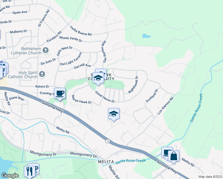 map of restaurants, bars, coffee shops, grocery stores, and more near 1402 Snowy Cloud Way in Santa Rosa