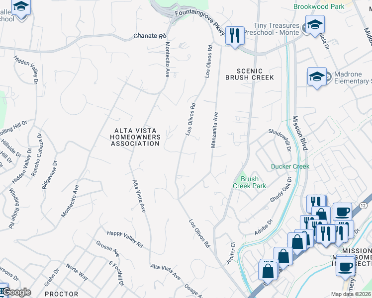map of restaurants, bars, coffee shops, grocery stores, and more near 1525 Briarfield Place in Santa Rosa
