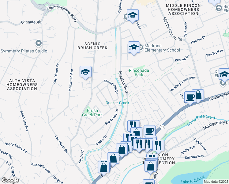 map of restaurants, bars, coffee shops, grocery stores, and more near 4020 Shadowhill Drive in Santa Rosa