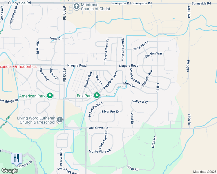 map of restaurants, bars, coffee shops, grocery stores, and more near 3210 Meadows Parkway in Montrose