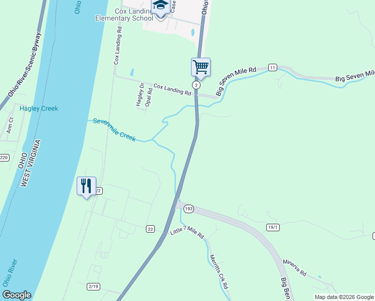 map of restaurants, bars, coffee shops, grocery stores, and more near 6156 Ohio River Rd in Huntington