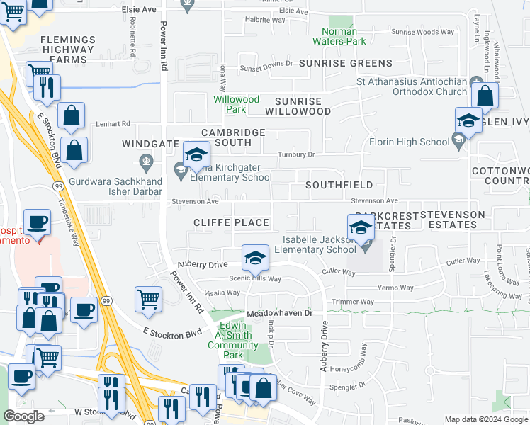 map of restaurants, bars, coffee shops, grocery stores, and more near 8235 Aden Way in Sacramento
