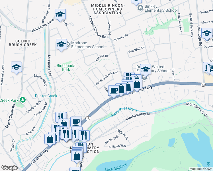 map of restaurants, bars, coffee shops, grocery stores, and more near 4716 Starbuck Avenue in Santa Rosa