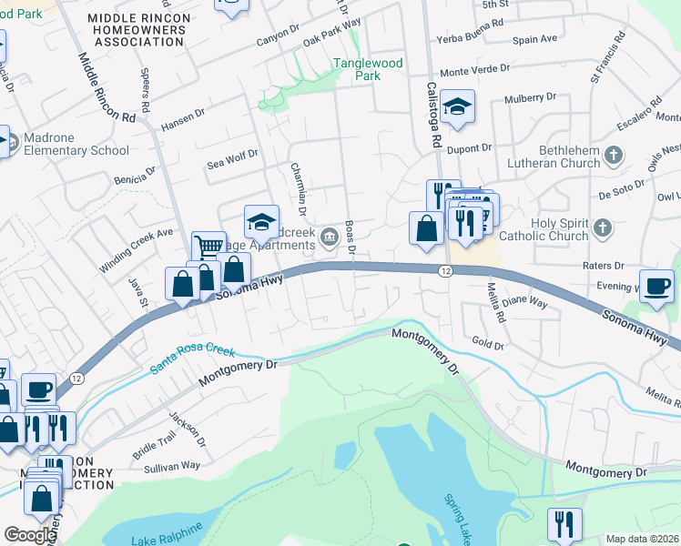 map of restaurants, bars, coffee shops, grocery stores, and more near 62 Royal Gorge Street in Santa Rosa