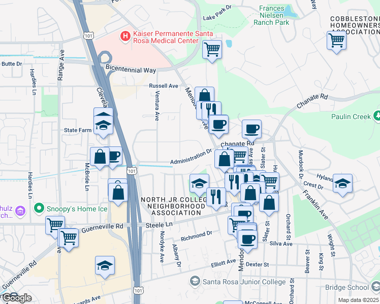map of restaurants, bars, coffee shops, grocery stores, and more near 2550 Paulin Drive in Santa Rosa