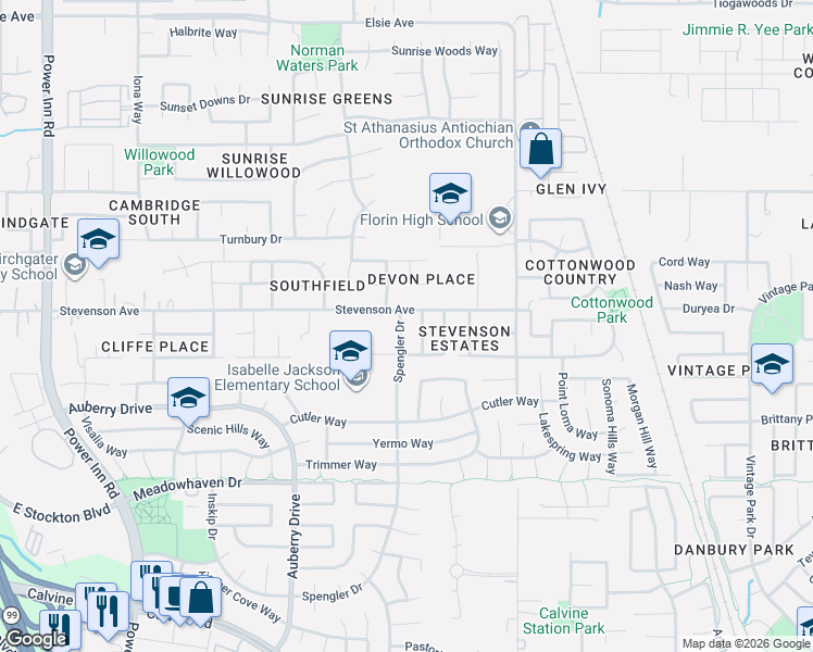 map of restaurants, bars, coffee shops, grocery stores, and more near 8016 Spengler Drive in Sacramento