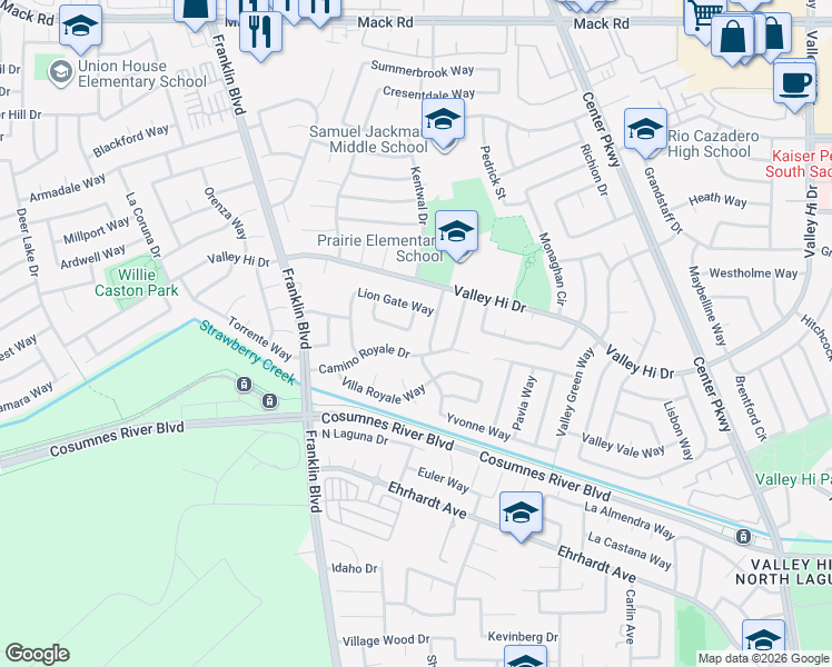 map of restaurants, bars, coffee shops, grocery stores, and more near 4901 Camino Royale Drive in Sacramento
