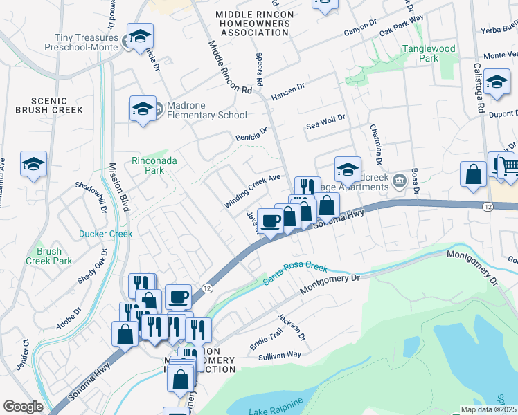 map of restaurants, bars, coffee shops, grocery stores, and more near 4716 Venti Lane in Santa Rosa