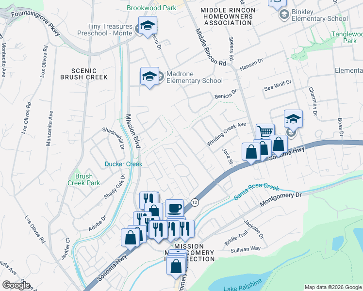 map of restaurants, bars, coffee shops, grocery stores, and more near 320 Hansbery Way in Santa Rosa