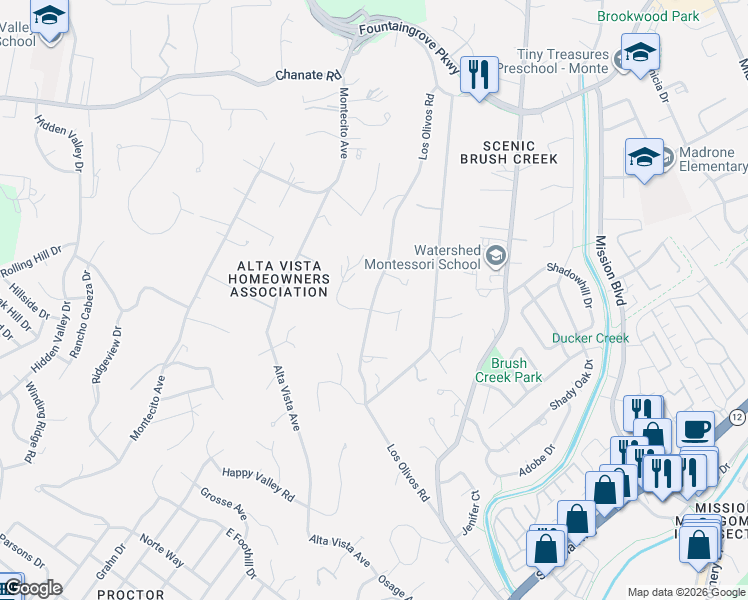 map of restaurants, bars, coffee shops, grocery stores, and more near 1525 Briarfield Place in Santa Rosa