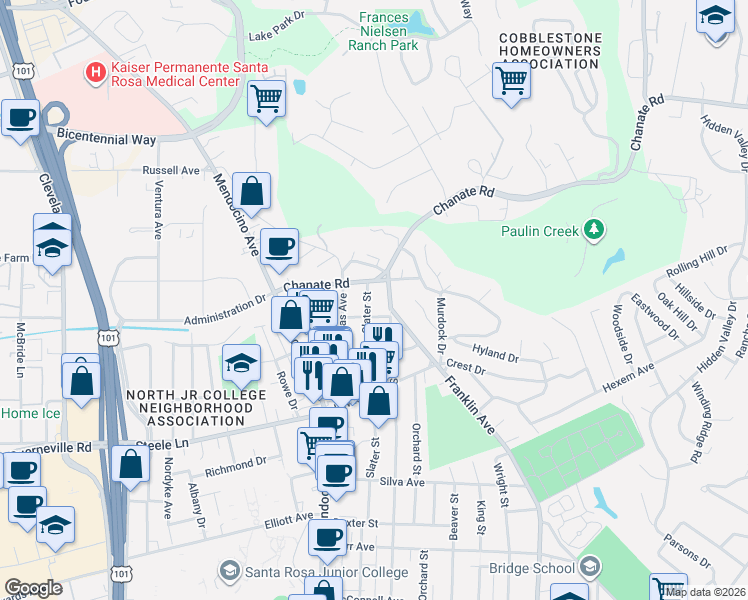 map of restaurants, bars, coffee shops, grocery stores, and more near 619 Mervyn Avenue in Santa Rosa