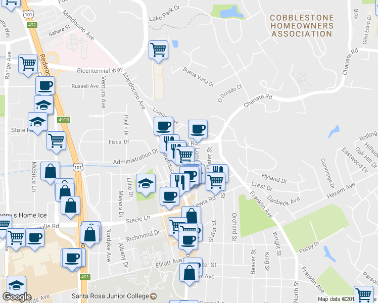 map of restaurants, bars, coffee shops, grocery stores, and more near 2407 Lomitas Avenue in Santa Rosa