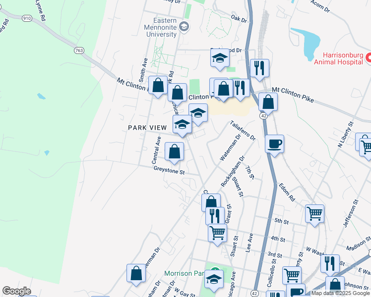 map of restaurants, bars, coffee shops, grocery stores, and more near 1006 Ashwood Street in Harrisonburg