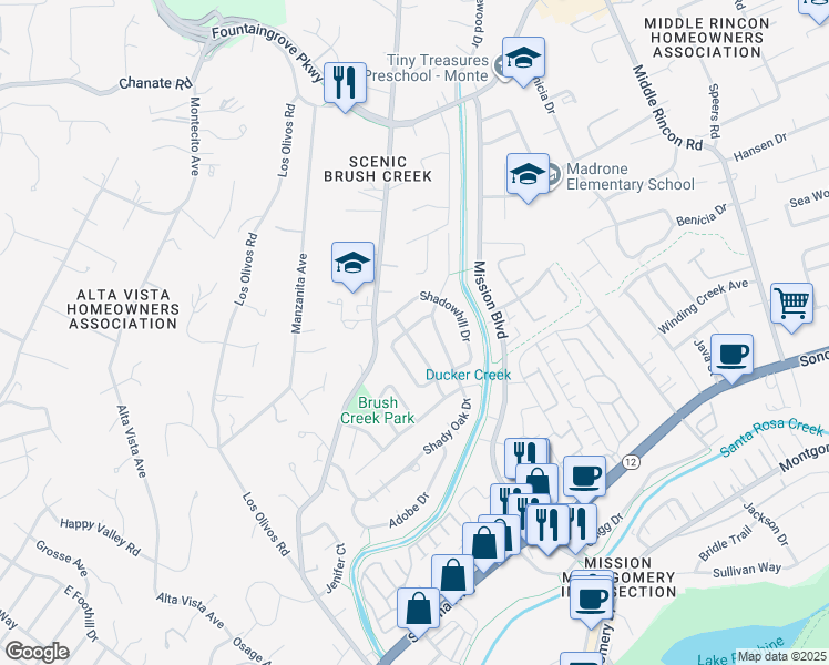 map of restaurants, bars, coffee shops, grocery stores, and more near 1132 Sunnyslope Drive in Santa Rosa