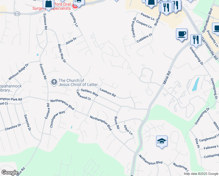 map of restaurants, bars, coffee shops, grocery stores, and more near 20 Puritan Place in Stafford