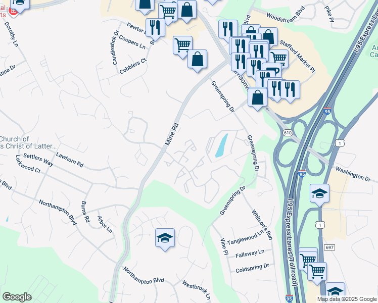 map of restaurants, bars, coffee shops, grocery stores, and more near 102 Rover Court in Stafford