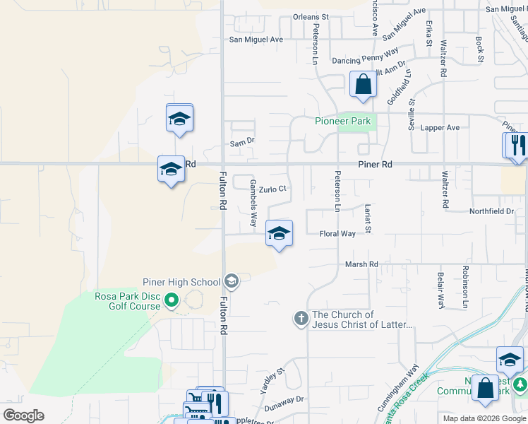 map of restaurants, bars, coffee shops, grocery stores, and more near 2447 Pinercrest Drive in Santa Rosa