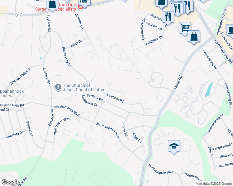 map of restaurants, bars, coffee shops, grocery stores, and more near 20 Puritan Place in Stafford