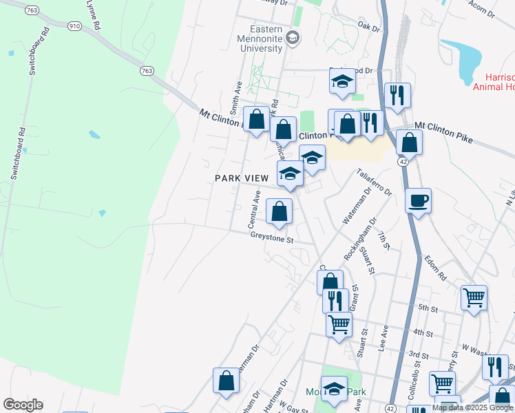 map of restaurants, bars, coffee shops, grocery stores, and more near 1030 Ashwood Street in Harrisonburg