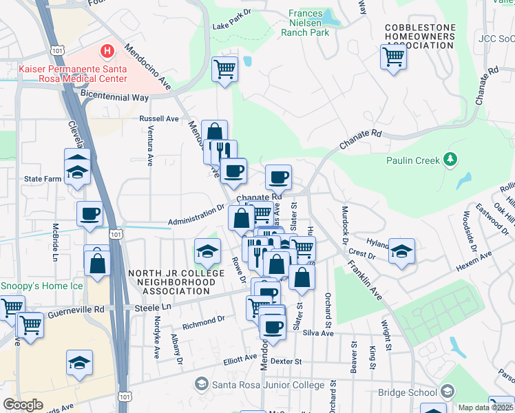 map of restaurants, bars, coffee shops, grocery stores, and more near 2264 Chanate Road in Santa Rosa